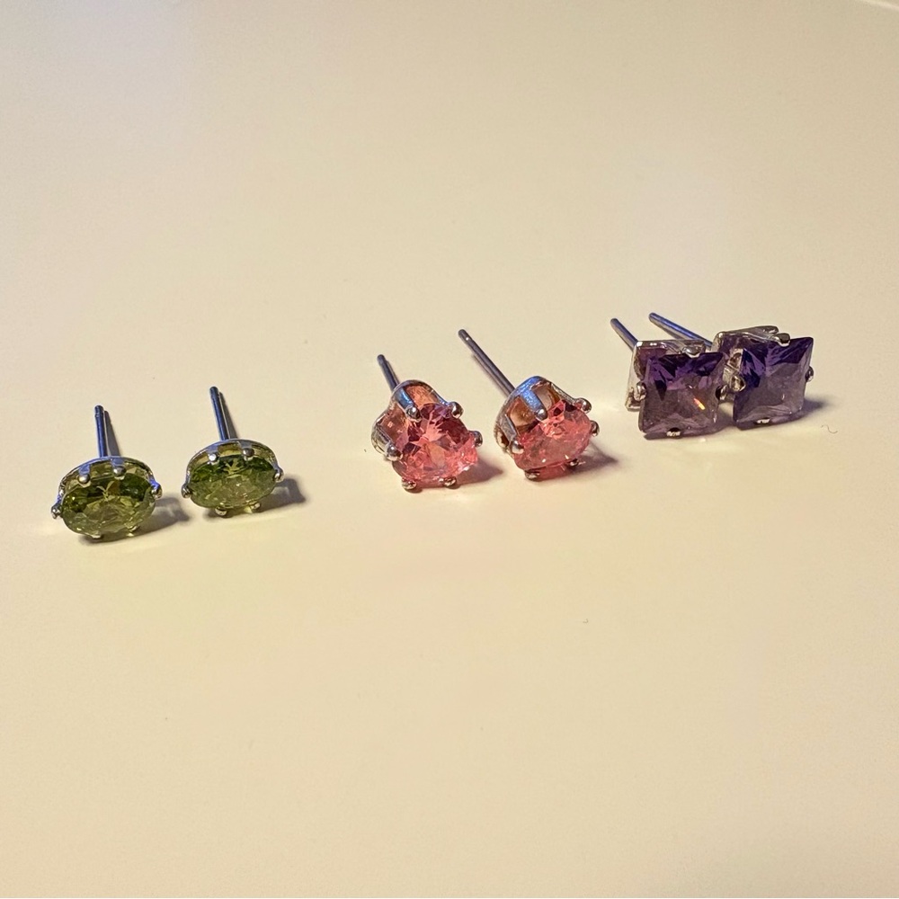 Set of Green, Pink, and Purple Stud Earrings